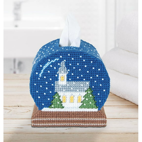 Mary Maxim Church Snowglobe Tissue Box Cover Plastic Canvas Kit