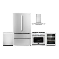 Cosmo 5 Piece Kitchen Appliance Package with 36" Freestanding Gas Range 36" Wall Mount 24" Built-in Fully Integrated Dishwasher French Door Refrigerator & 48 Bottle Wine Refrigerator