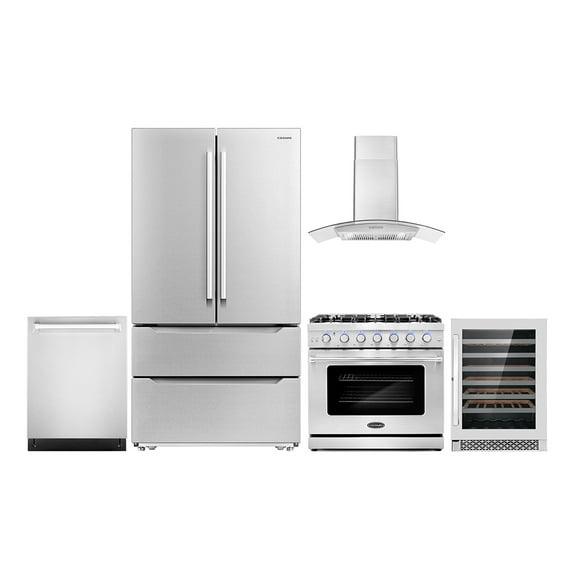Cosmo 5 Piece Kitchen Appliance Package with 36" Freestanding Gas Range 36" Wall Mount 24" Built-in Fully Integrated Dishwasher French Door Refrigerator & 48 Bottle Wine Refrigerator