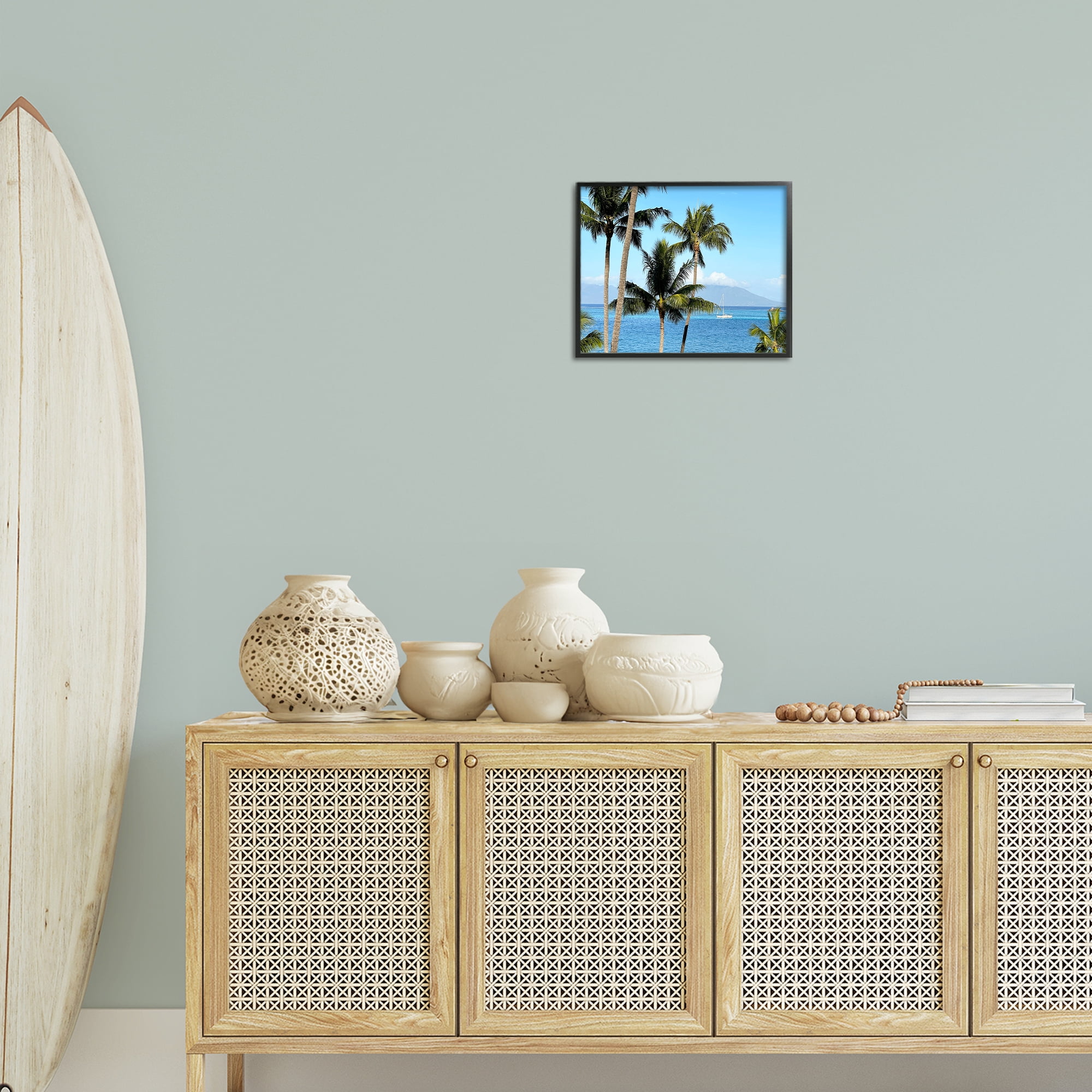 Stupell Industries Palm Trees & Sailboat Landscape Photography Black Framed Art Print Wall Art, 14 x 11