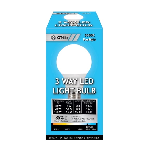 GT-Lite 1500 Lumen LED A19 3-Way Bulb 30-70-100W Equivalent Daylight