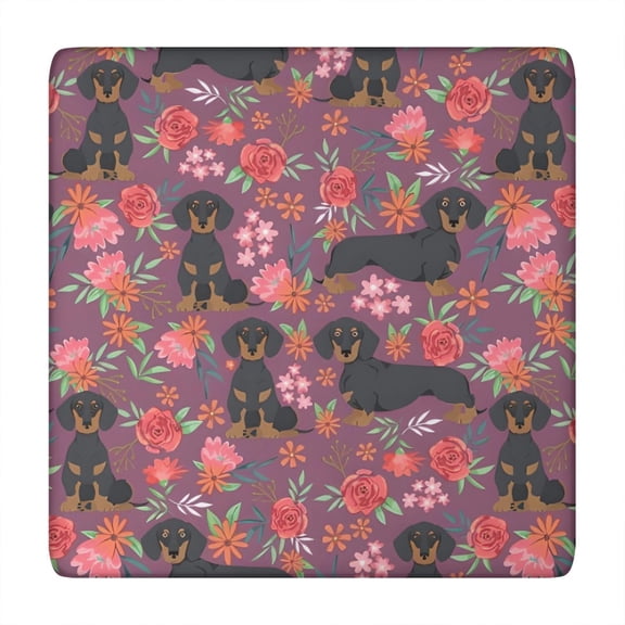 Dachshund Dog and Flower Floral Square Fitted Tablecloth with Elastic Edge,Square Table Cover,Washable Elastic Table Cover for Home Kitchen Party Decor 34"x34"