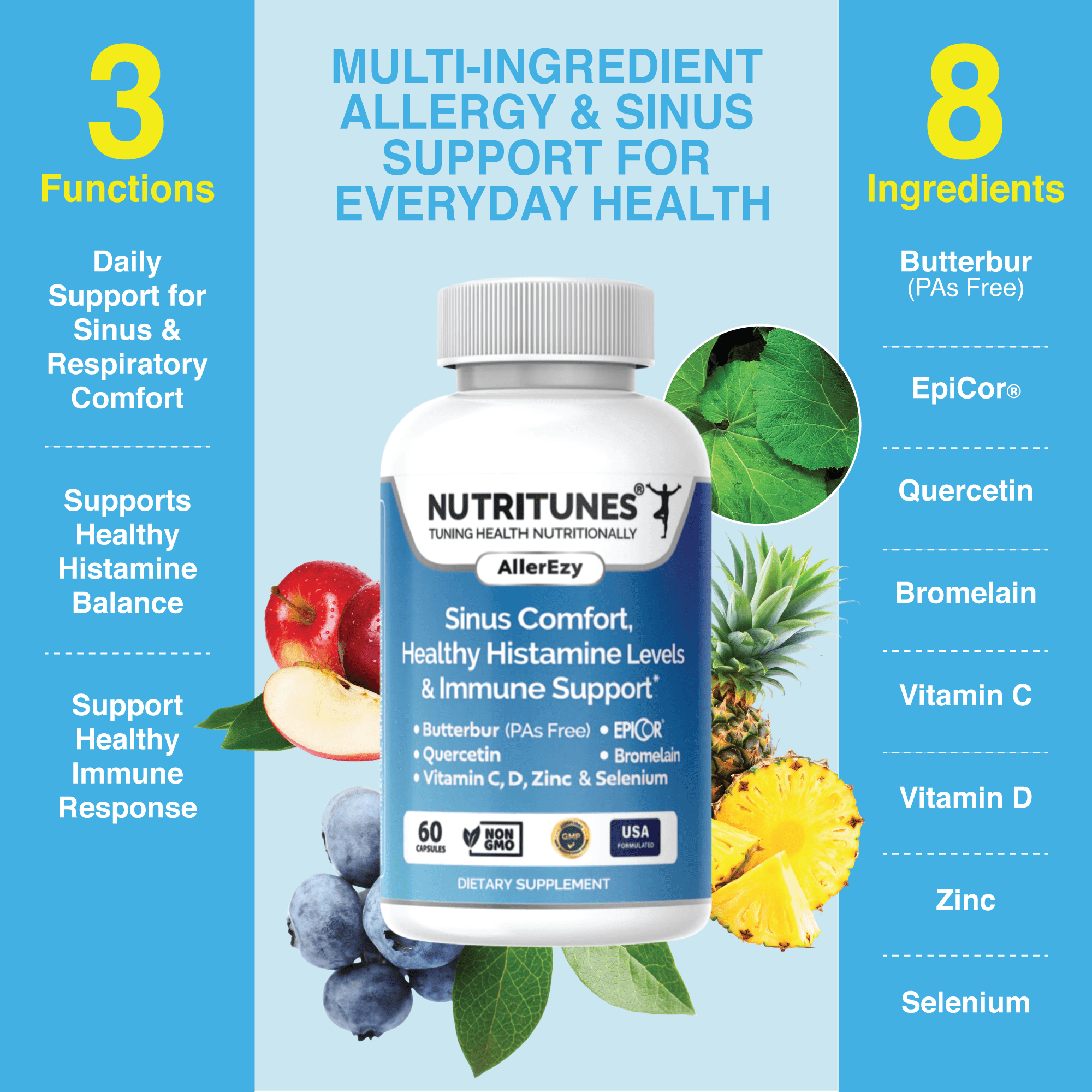Sinus, Histamine & Immune Support – Butterbur, EpiCor, Quercetin with Bromelain – Allergy Support Supplement – 60 AllerEzy Capsules by Nutritunes