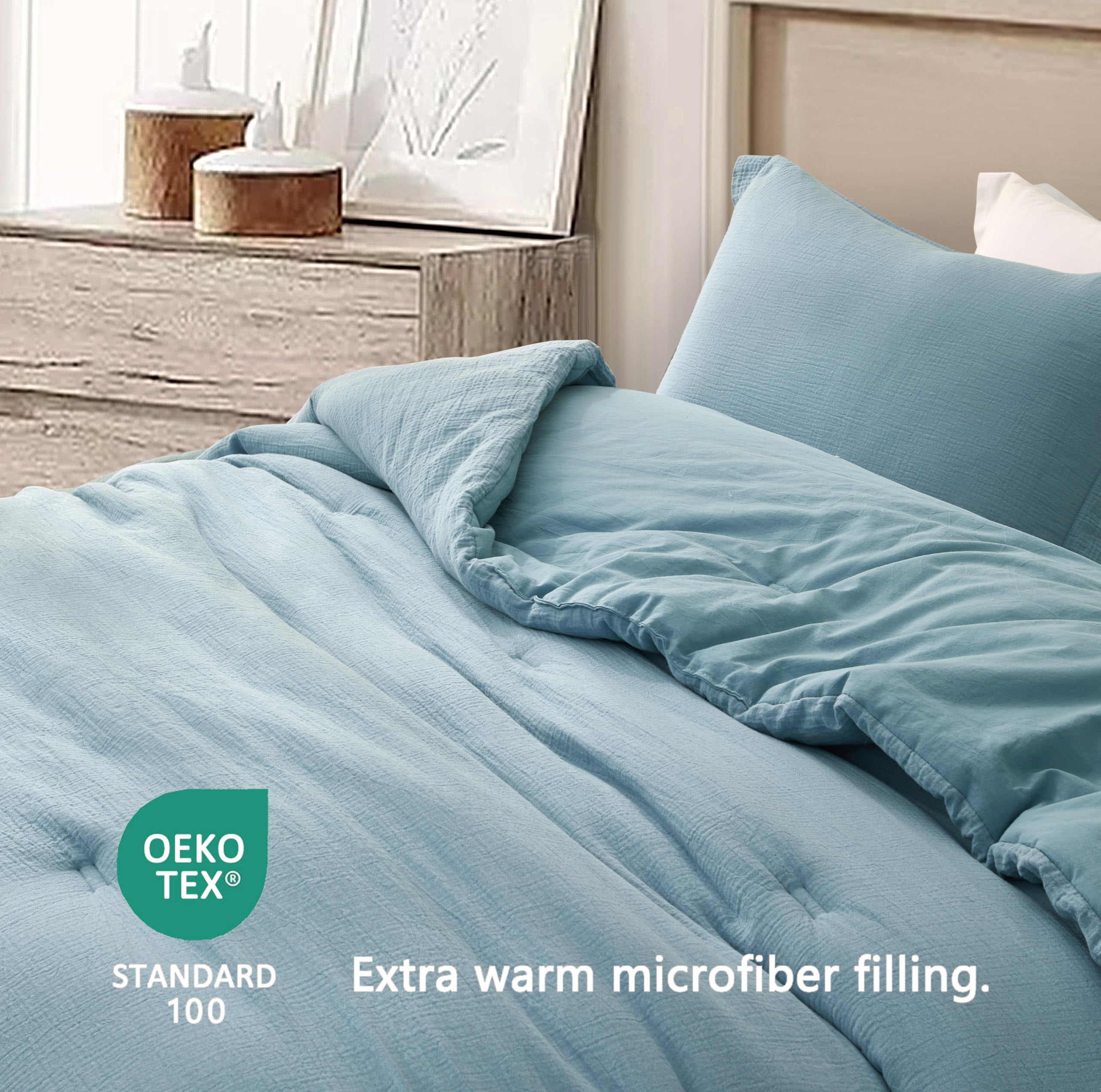 Chezmoi Collection Breeze 3-Piece 100% Cotton Muslin King Comforter Set, Lake Blue Soft Washed Cotton Gauze Comforter, Lightweight Breathable Bedding for All Season