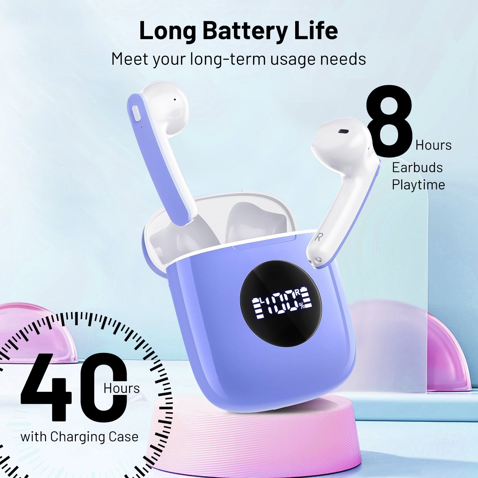 Atilioo Wireless Earbuds V5.3 Bluetooth Headphones with Deep Bass Stereo Power Display, 40H Playback with Charging Case, IP7 Waterproof in-Ear Earphones with Mic for TV Sport, Android iOS, Blue