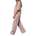 thumbnail image 3 of Bosfbaoi Plus Size Two Piece Sets for Women Crew Neck Elbow Sleeve Linen Look Top and Elastic Waist Wide Leg Pants Casual Womens Summer Outfits, 3 of 6