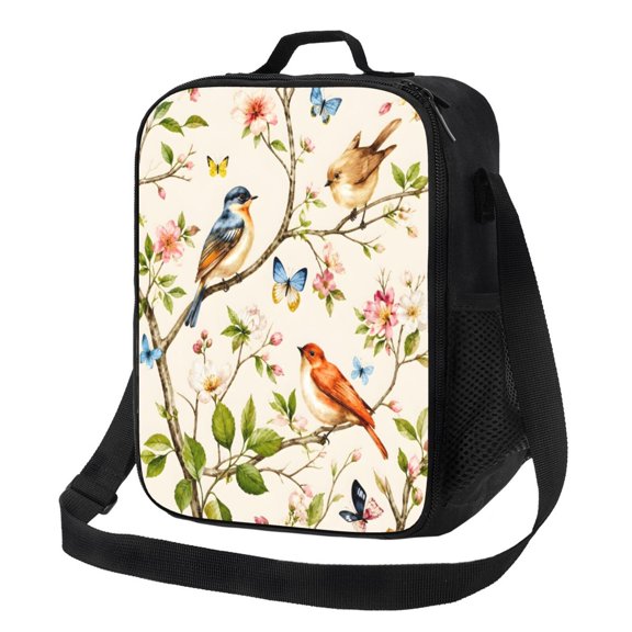 Birds Floral Lunch Bag Insulated Thermal Lunch Box with Shoulder Strap & Handle for Women and Men