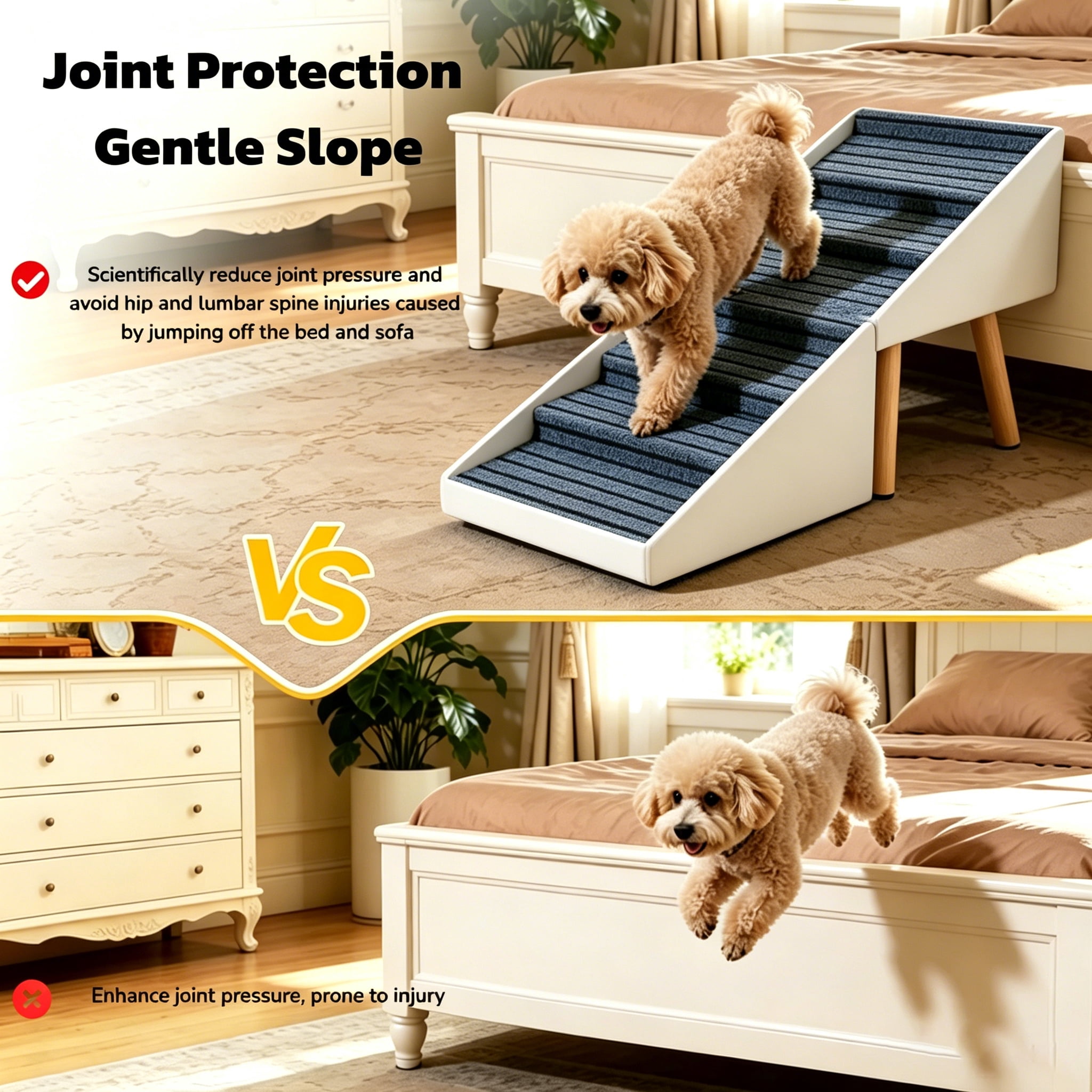 2 in 1 Dog Stairs for Bed and Couch 25.2" Foldable Dog ramp for Couch 6 Pet Steps & Ottoman for Small and Large Dogs, Beige