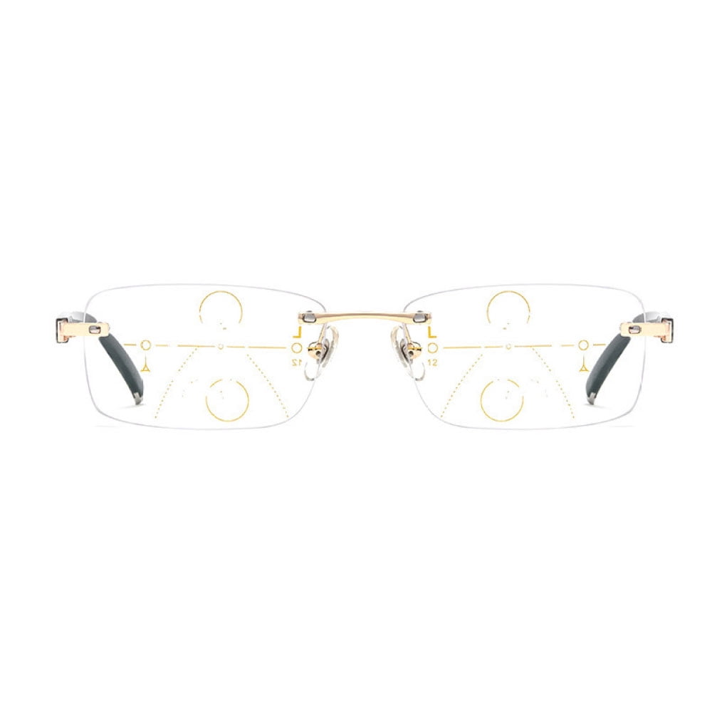 Mens Rimless Progressive Reading Glasses 1.00 Multifocus Blue Light Blocking Business Gold Rectangular Readers +1.00 Strength