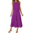 thumbnail image 2 of BYHONG Casual Outfits for Women Sleeveless Tank O Neck Top Short Button Top Wide Leg Pants Pocket Two Piece Suit Purple XL, 2 of 5
