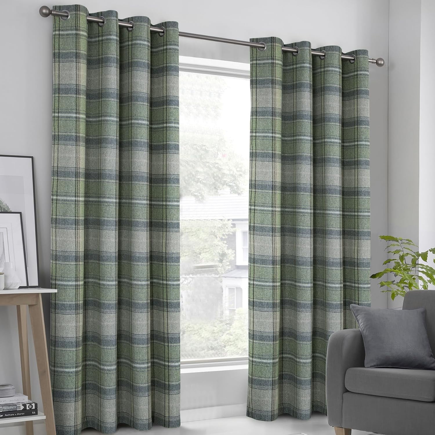 100% Blackout Plaid Curtains Modern Window Panels Green Checkered Tartan Curtains for Living Room Bedroom Green 26"W x 54"L (Pack of 2)