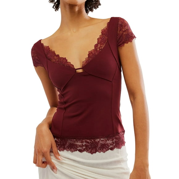 Argulvti Women T-shirt, Polyester V Neck Short Sleeve Backless Lace Trim Top Summer Tops for Daily Party