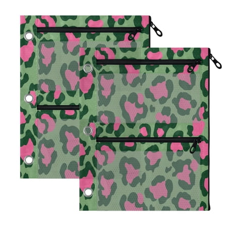 2 Pack 3-Ring Binder Pencil Pouch with Clear PVC Windows Leopard Print with Pink Accents Large Capacity Stationery Bag for Classroom Office Supplies