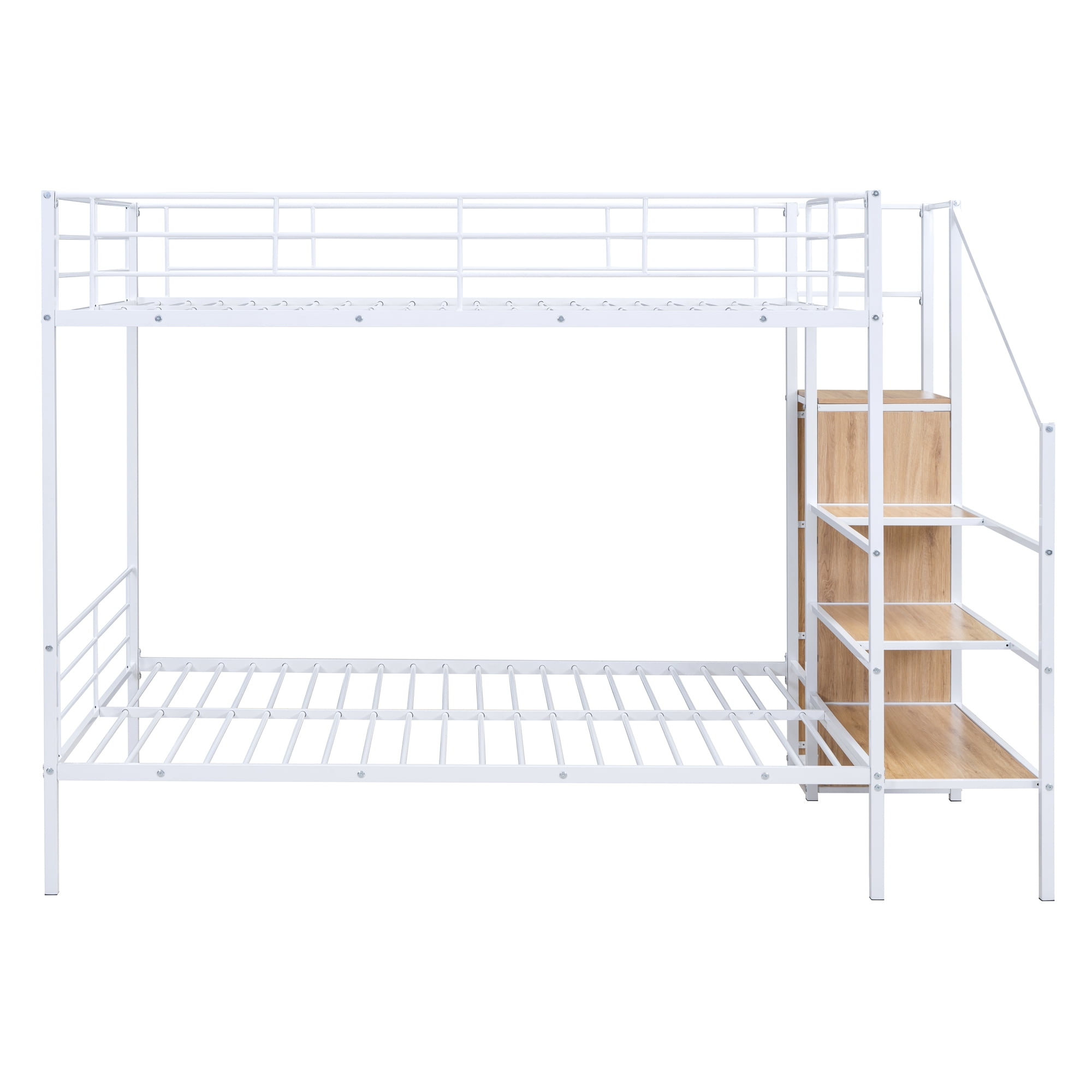 Euroco Metal Full over Full Bunk Bed with Staricase and Open Wardrobe, White