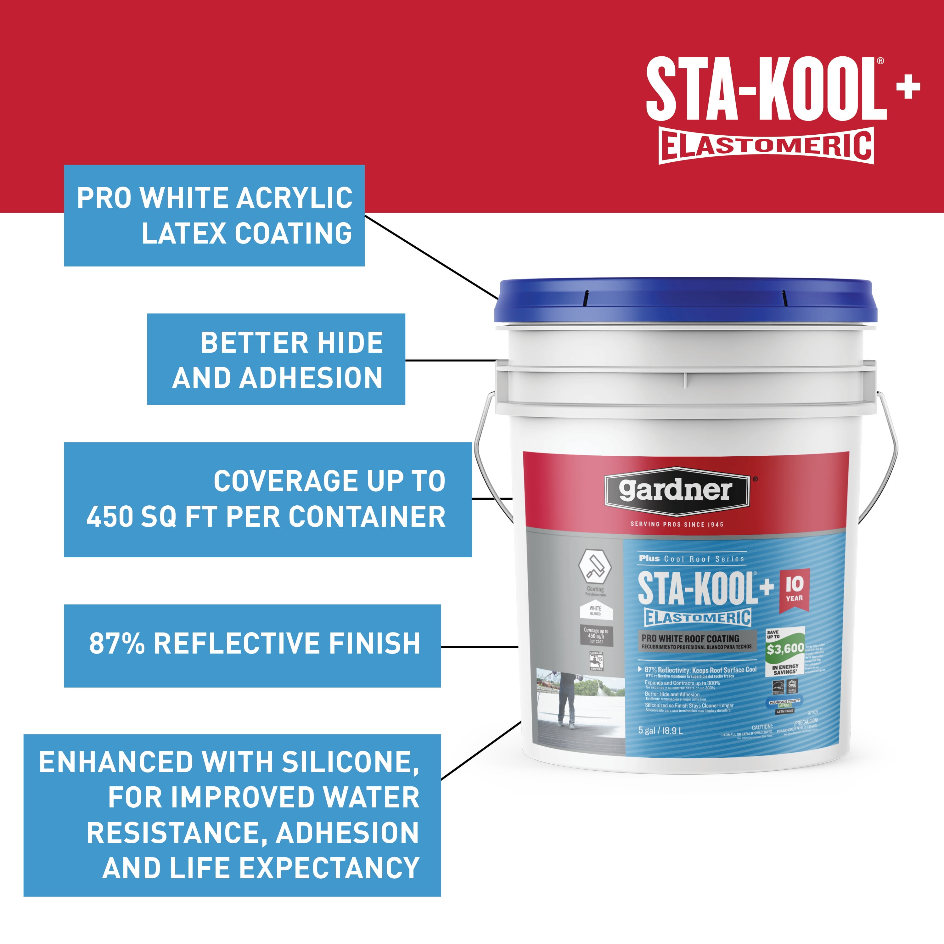 Gardner Sta-Kool 10YR Pro White Elastomeric Coating Elastomeric Pro White Roof Coating, White, 1 Gallon