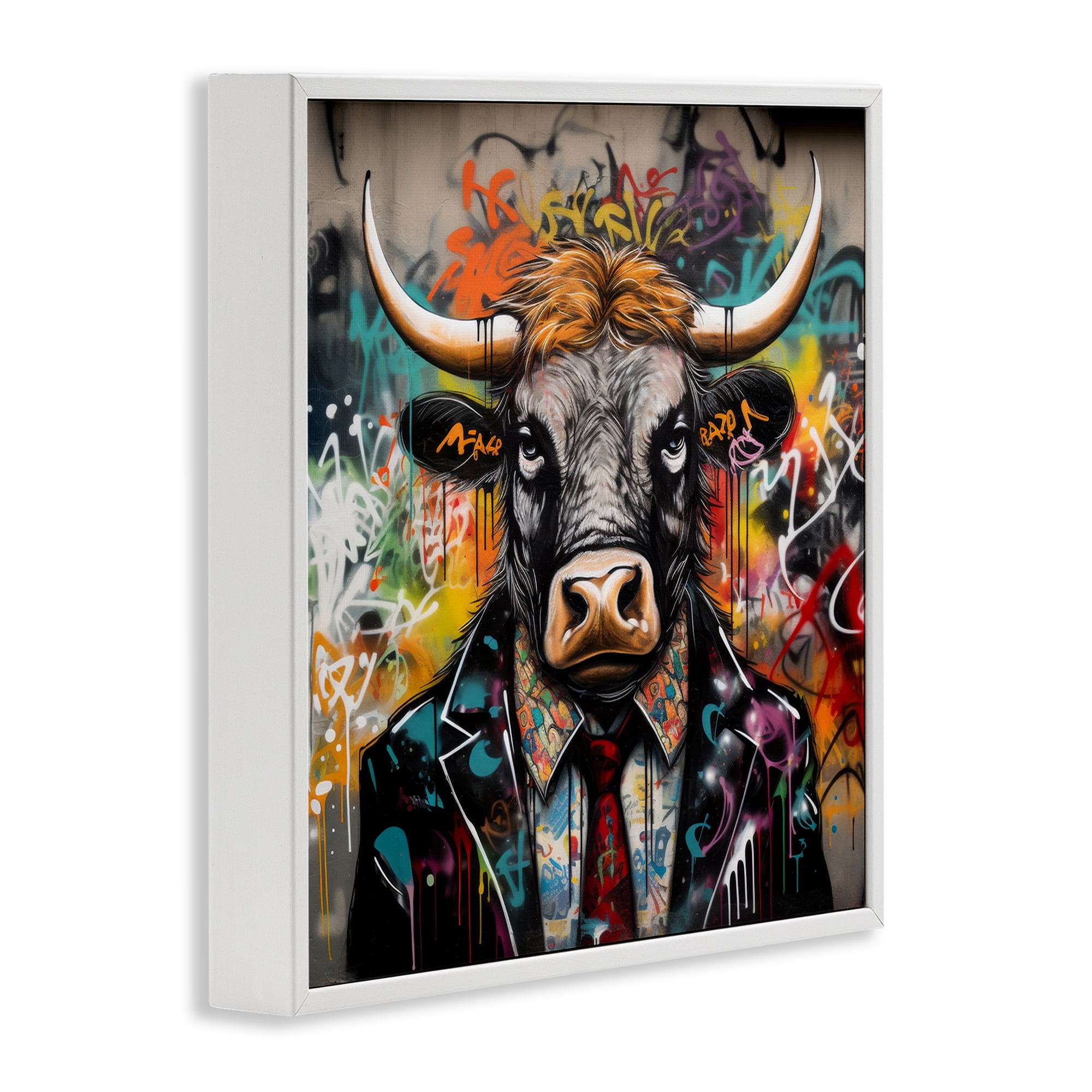 Stupell Industries Urban Graffiti Bull Animals & Insects Painting White Framed Art Print Wall Art, 17 x 17