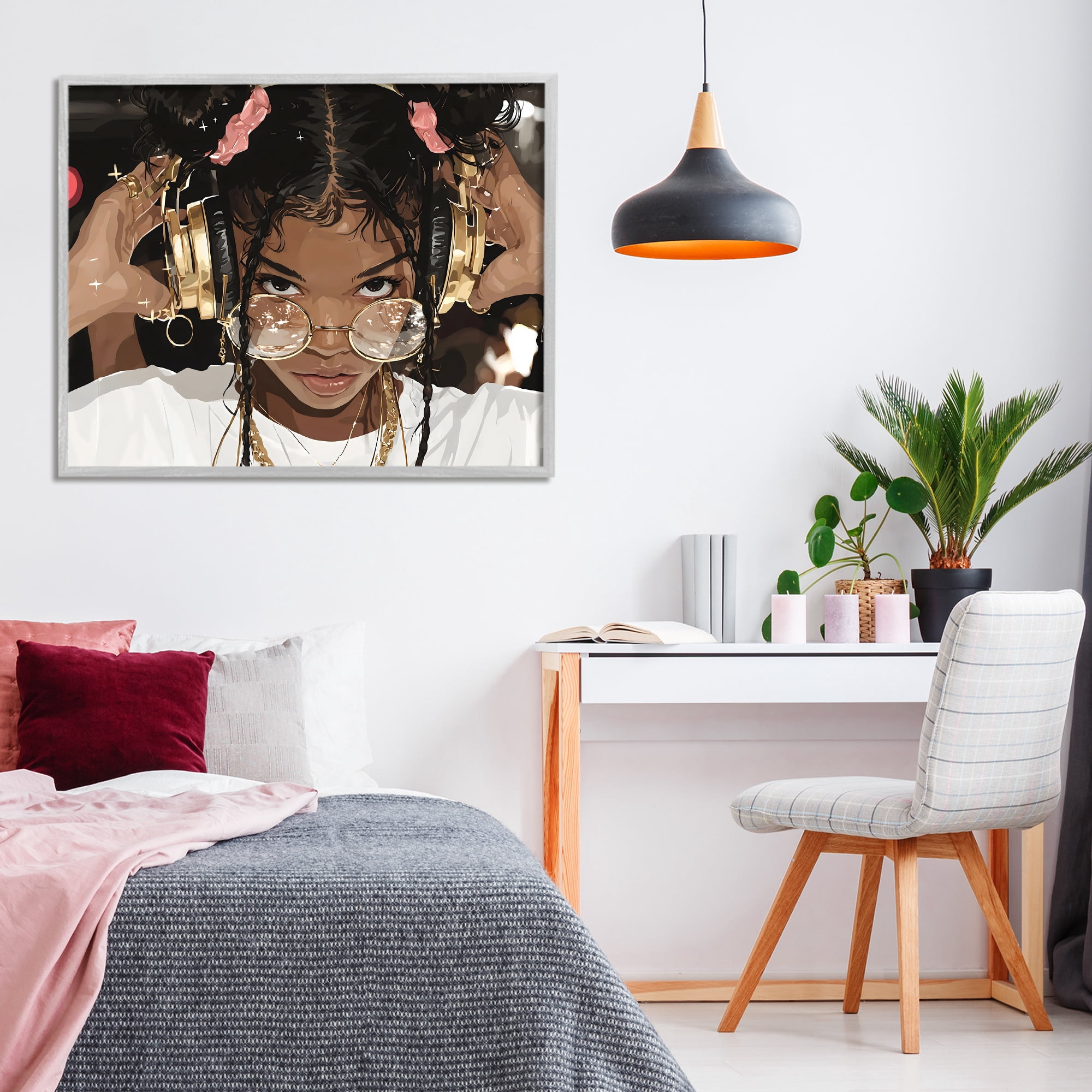 Stupell Industries Trendy Girl with Gold Headphones Gray Framed Giclee Art, design by Franklyn Gregory
