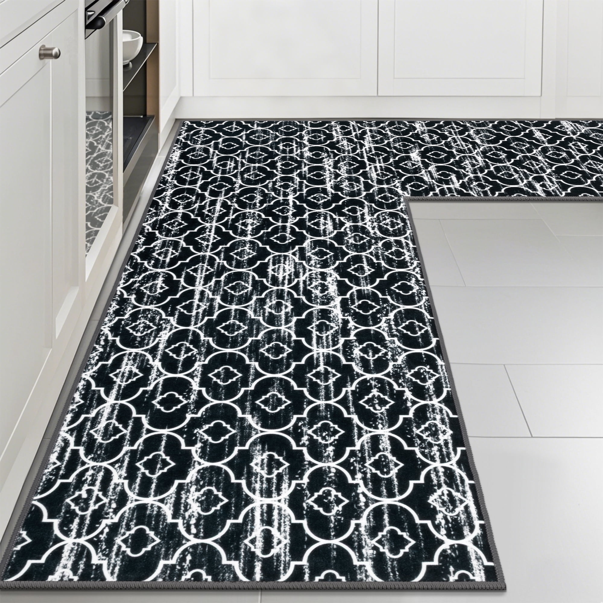 MeyJey Corner Kitchen Rug, 1 Piece Anti-Slip L Shape Kitchen Mat for Floor, Absorbent Runner in Front of Sink, Washable Floor Rugs for Home,Kitchen(Black-L,24”x 71”x 71”)