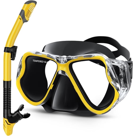Panoramic Wide View Anti-Fog Scuba Diving Mask, Dry Snorkel Set, Professional Snorkeling Gear for Adults Kids