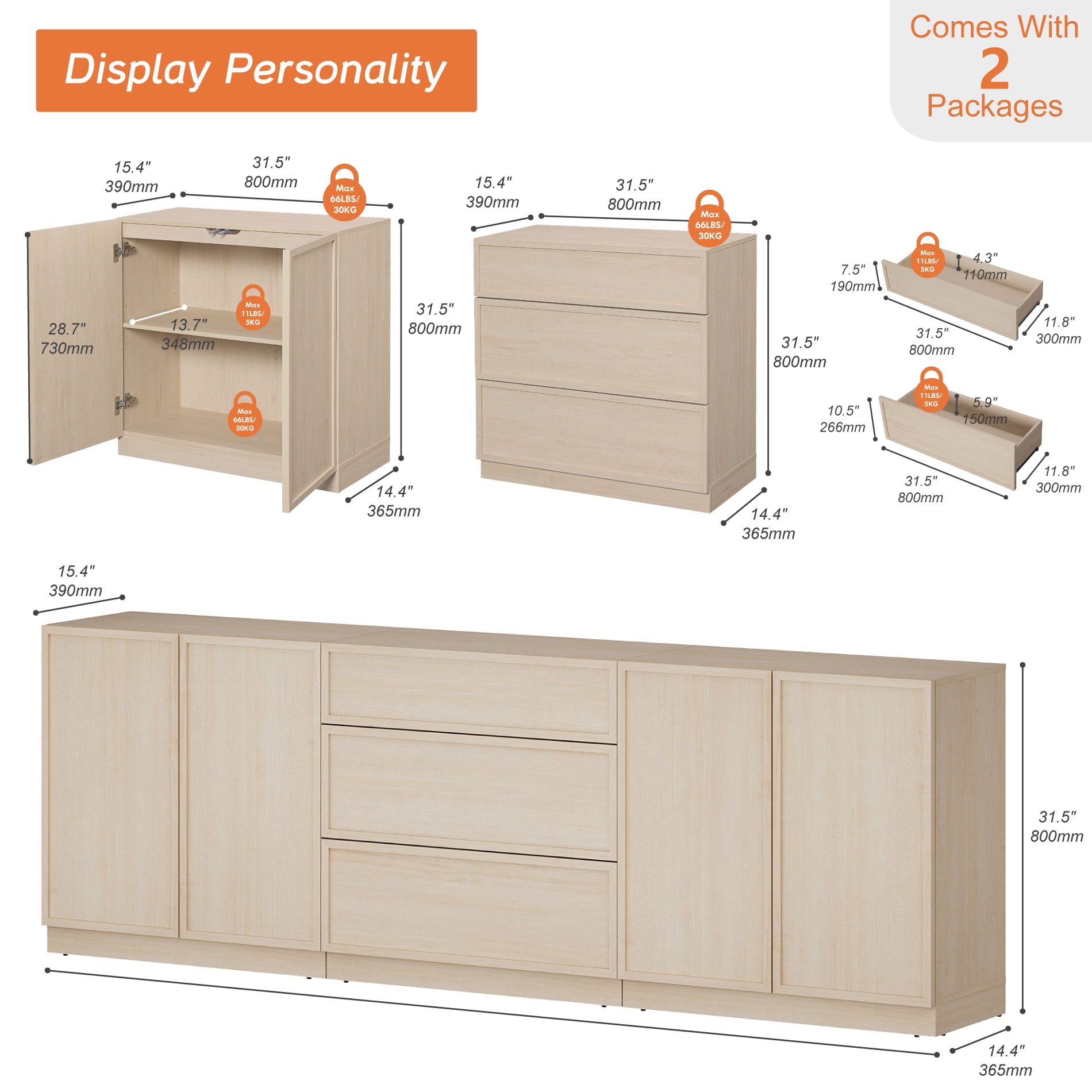 WAMPAT Modern TV Stand for TVs Up to 110", 4-in-1 Entertainment Center TV Console with 8 Doors and Adjustable Shelf, Wooden Media Console Cabinet for Living Room, Bedroom, Beige