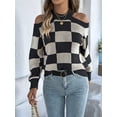 thumbnail image 5 of Women'S Color Block Checkered Off-Shoulder Long Sleeve Y2K Plaid Knitted Pullover Sweater Tops Vintage Sweater Black S, 5 of 8