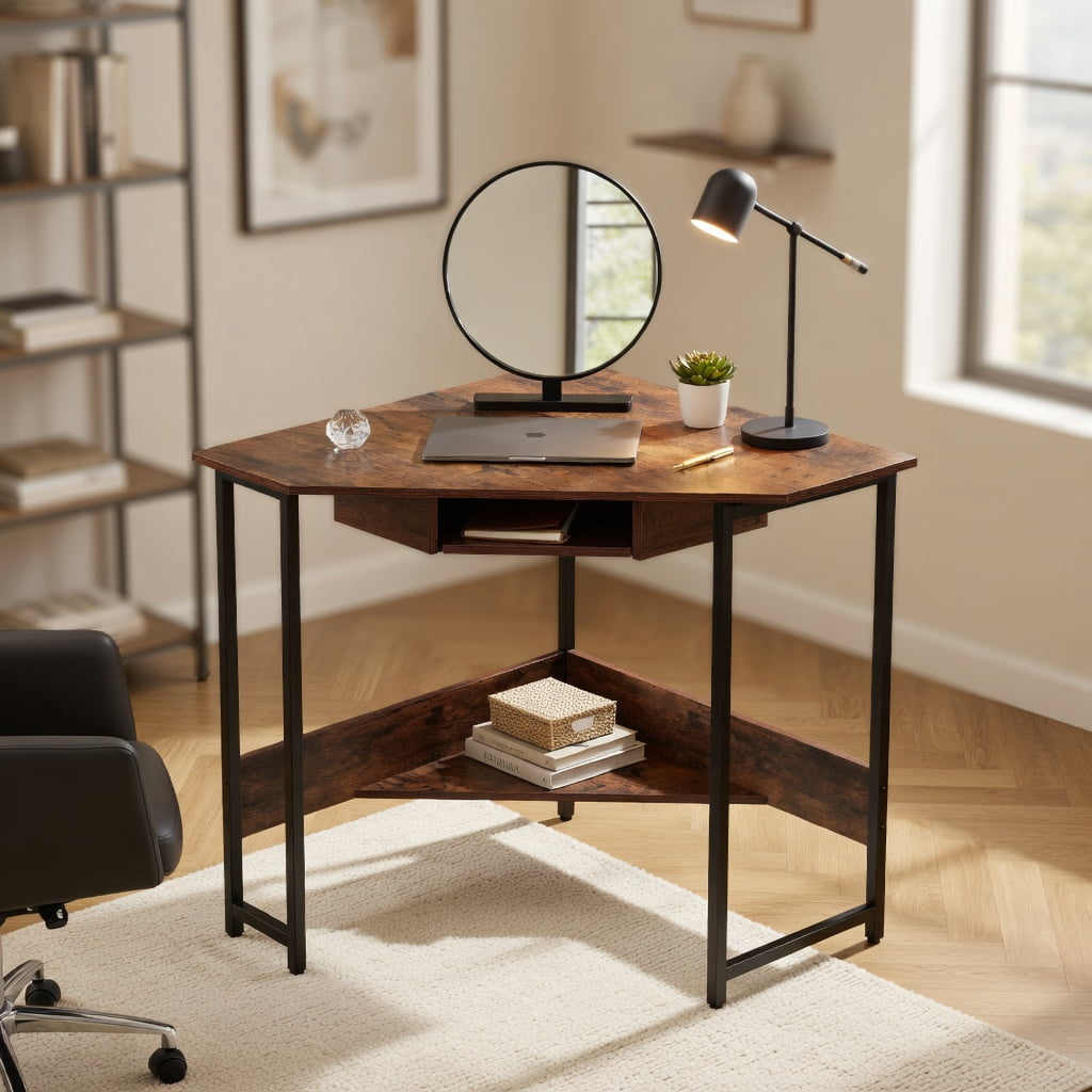 Spaco Triangle Corner Desk with Charging Station Keyboard Tray and Storage Shelf-Rustic Brown, Office Desk, Gaming Computer Desks for Study,Working,Writing