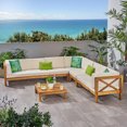 thumbnail image 2 of GDF Studio Bunny Outdoor 7 Seater Acacia Wood Sectional Sofa Set, Teak Finish and Beige, 2 of 15