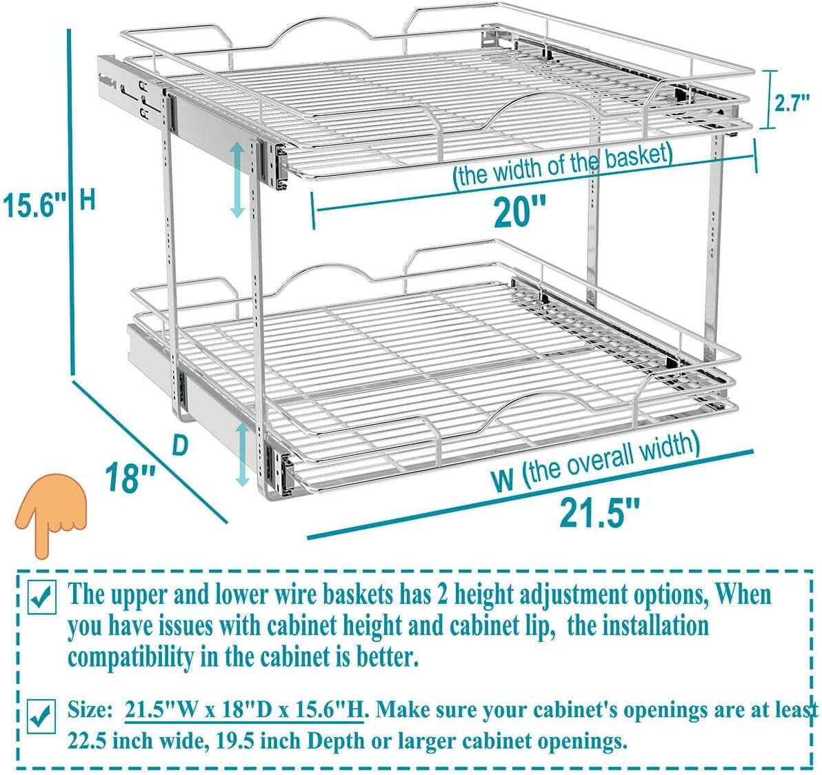OCG 2-Tier Pull Out Cabinet Organizer (21.5"W x 18"D) Pull Out Shelf in Kitchen Bathroom Pantry