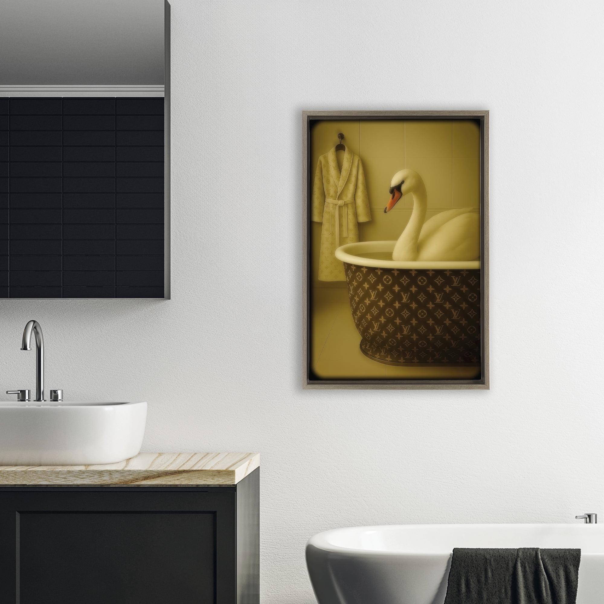 Stupell Industries Couture Swan in Luxury Tub Brown Framed Floater Canvas Wall Art, design by Grotto Studios