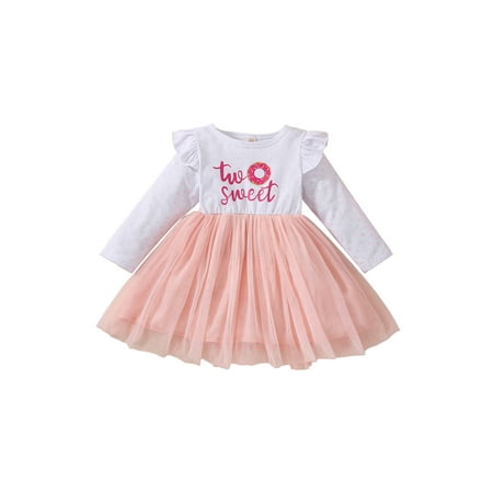 

Toddler Baby Girls Long Sleeve 2 Years Birthday Dress Ruffle Fly Sleeve Donut Splice Tutu Dress