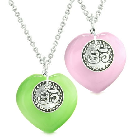 Spiritual OM Amulets Love Couples or Best Friends Hearts Neon Green Pink Simulated Cats Eye
