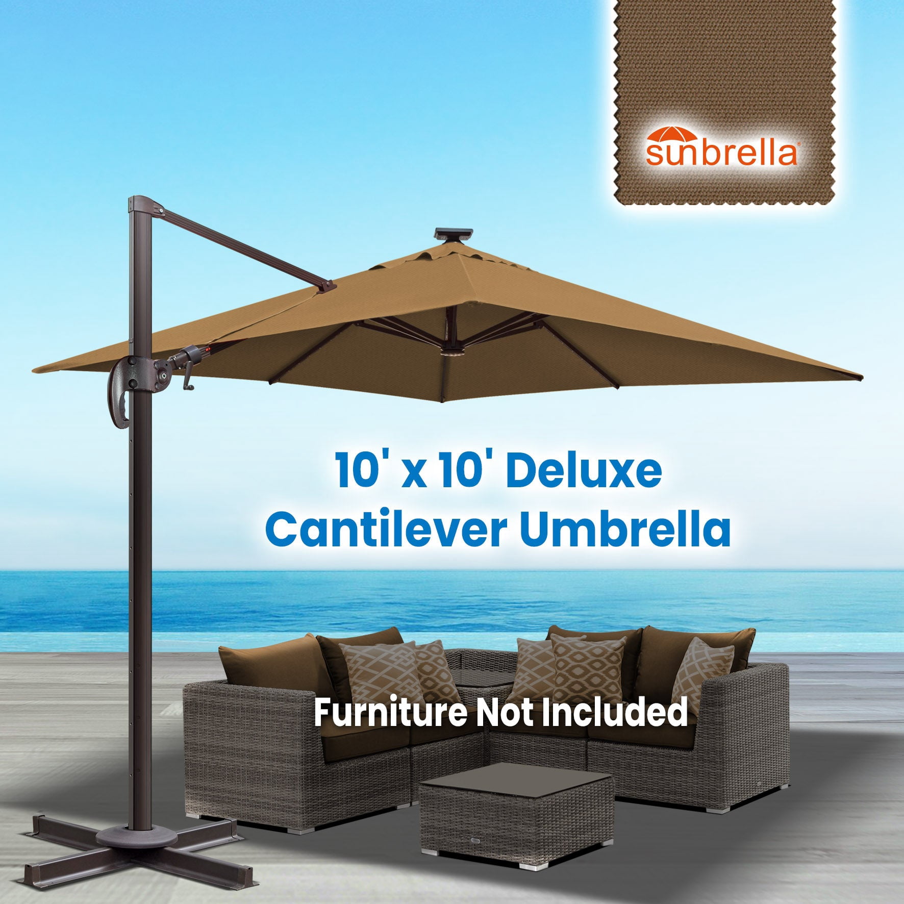SUNRISEUMBRELLA Square 10'x10' Deluxe Roma square cantilever umbrella, With LED light(Cocoa)