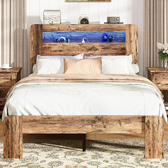 SESSLIFE Twin Bed Frame with LED Headboard, Modern Wood Bed Frame with Charging Station, Platform Bed with Under Bed Storage for Bedroom, Easy Assembly,Brown