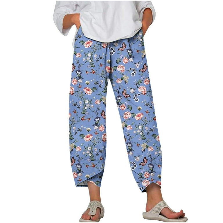 Gaecuw Linen Pants for Women Summer Palazzo Pants Regular Fit Long Pants  Lounge Trousers Sweatpants Casual Loose Baggy Pants Mid Waisted Calf Length  Workout Pants with Pockets Floral Pants Capri Pants 