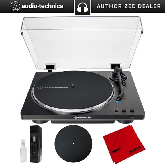 Audio-Technica AT-LP70X-BG Fully Automatic Belt-Drive Turntable, Black/Silver Bundle with Deco Gear 12" Silicone Rubber Platter Mat, Vinyl Record Cleaning Fluid System & Microfiber Cleaning Cloth