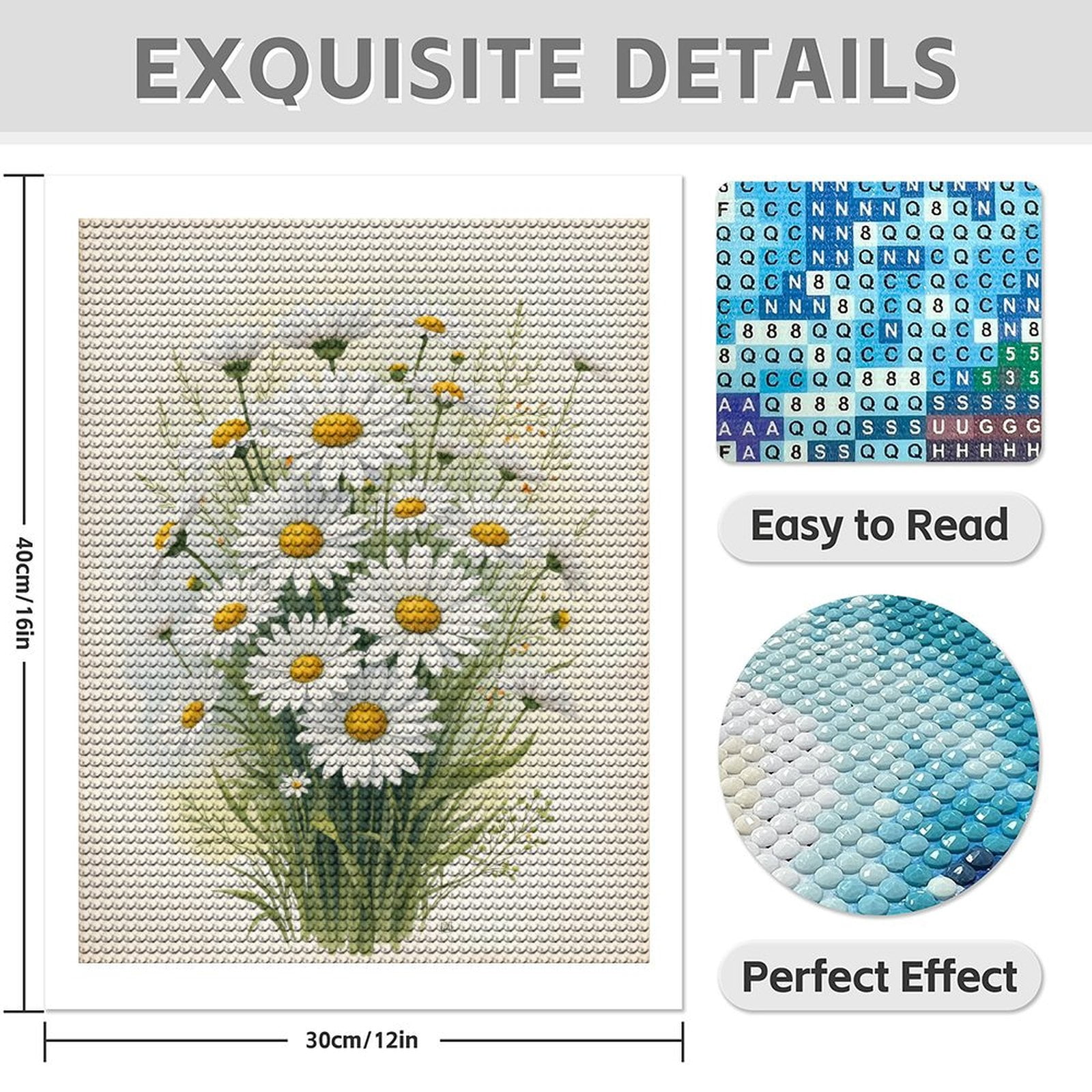 Diamond Art Kit for Adults, White Daisy Bouquet Illustration Diamond Painting for Adults Beginners, DIY Diamond Art Painting Kits, 5D Diamond Painting Crafts for Home Decor 12x16 Frameless