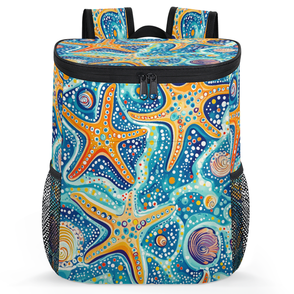 Jiaoprinted Colorful Starfish Ocean Portable Leakproof Cooler Backpack, Boho Insulated Backpack Cooler for Picnic Camping