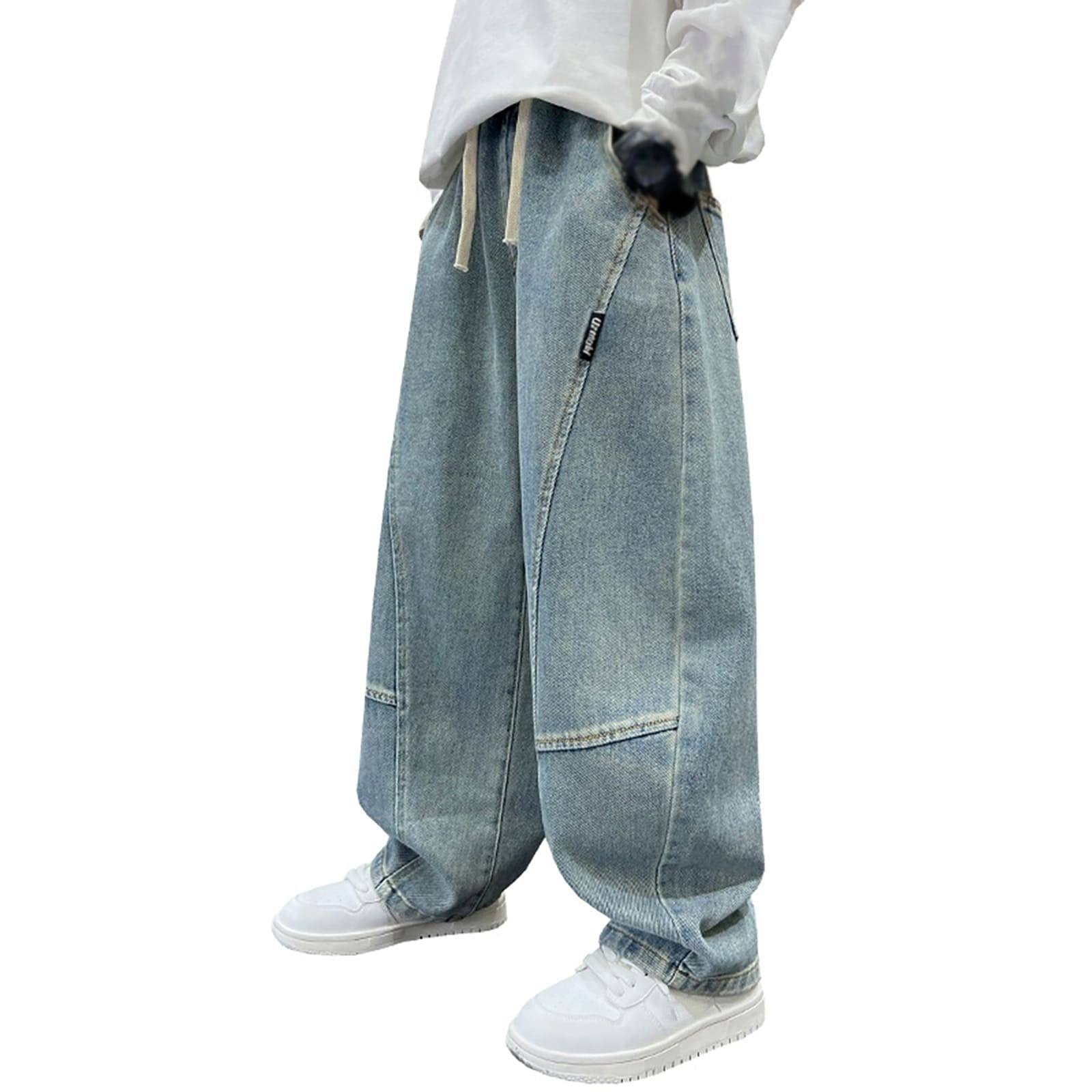 Boys Denim Pants Baggy Cargo Pants Elastic High Waisted Straight