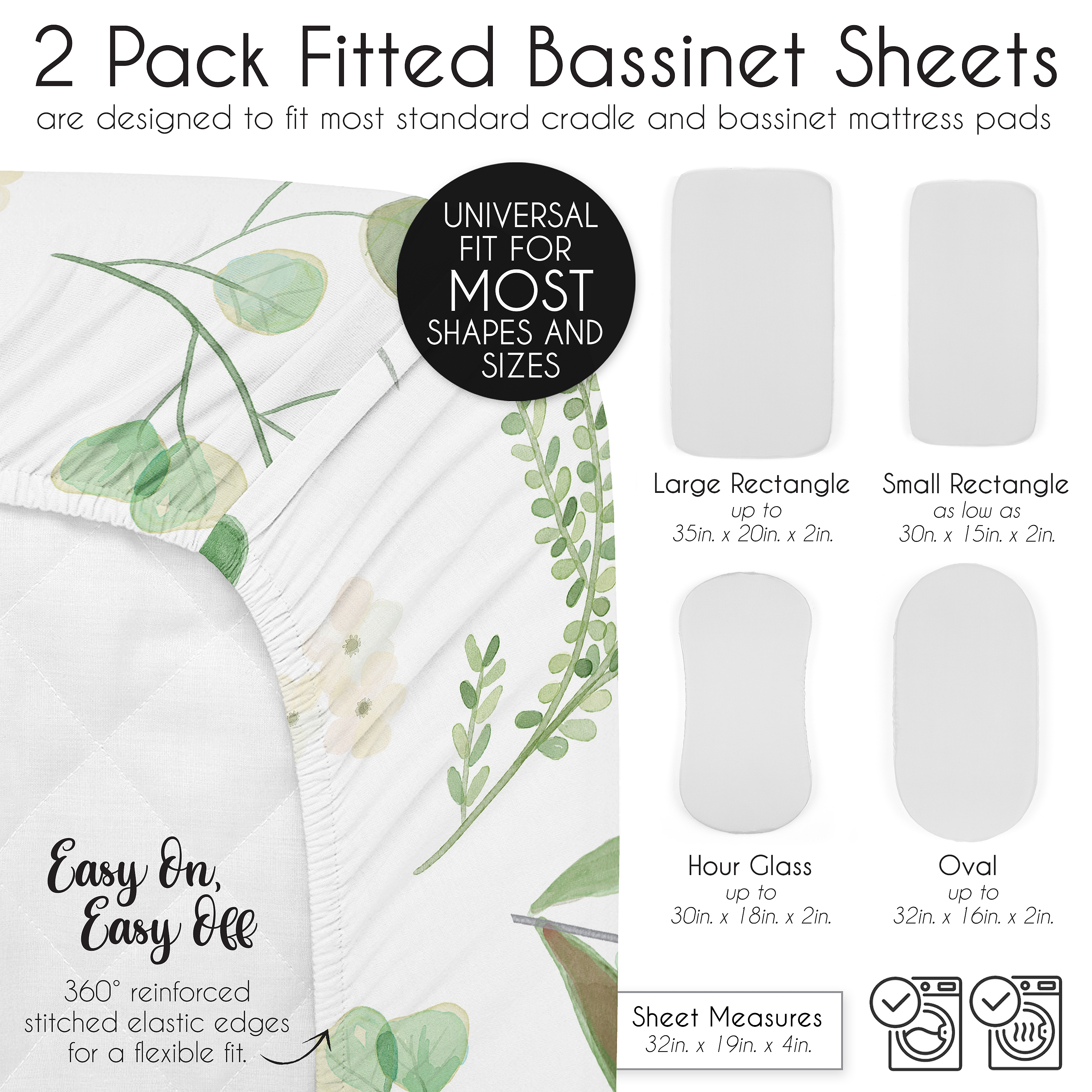 Sweet Jojo Designs Botanical Green and White Baby Bassinet Fitted Sheets 2 Piece Set