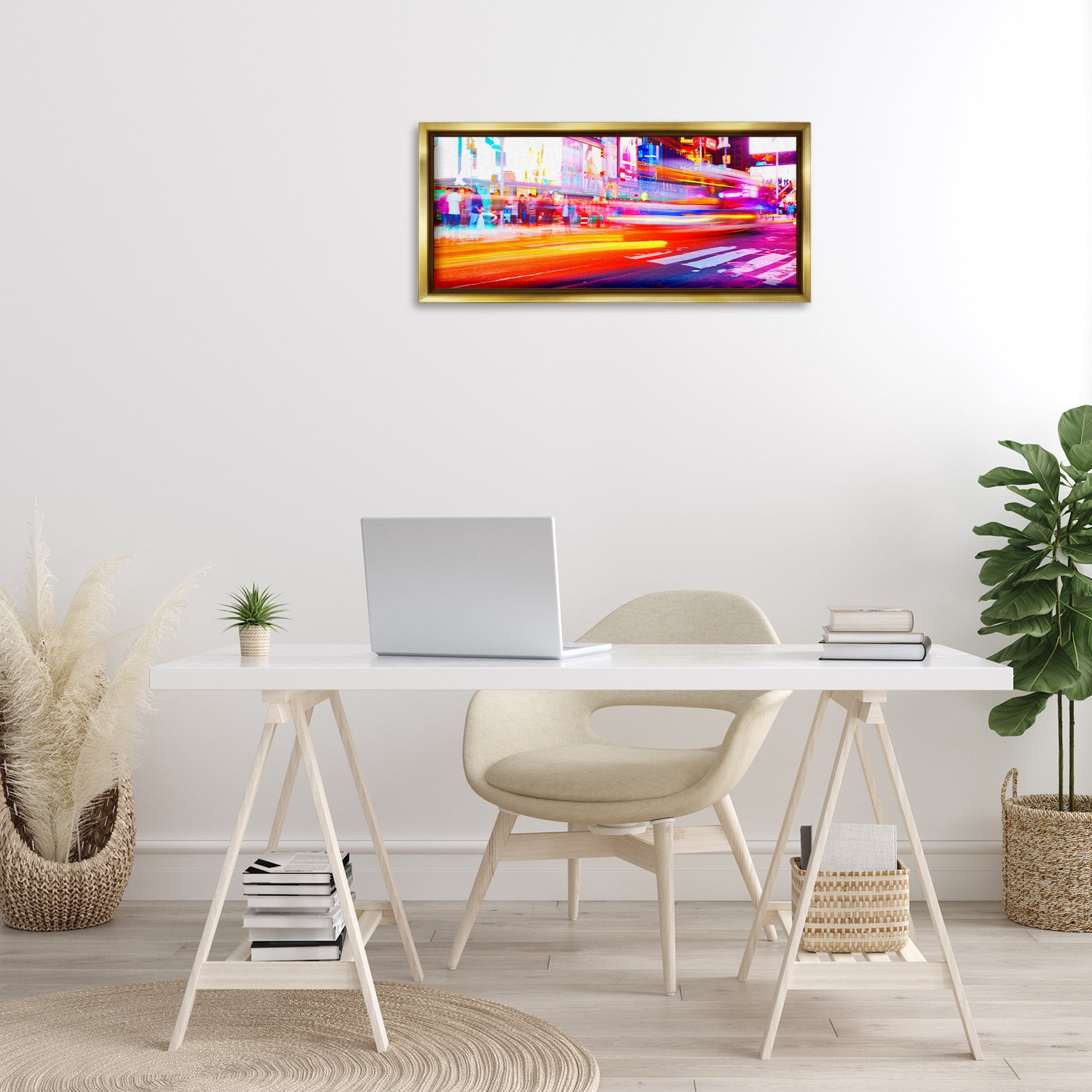 Stupell Industries Light Streaked Cityscape Scenery Photography Gold Floater Framed Art Print Wall Art, 31 x 14