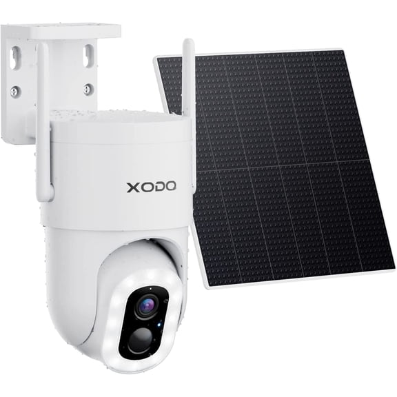 XODO E15 Solar-Powered Outdoor Security Camera with Night Vision and 360-Degree Pan Tilt, White