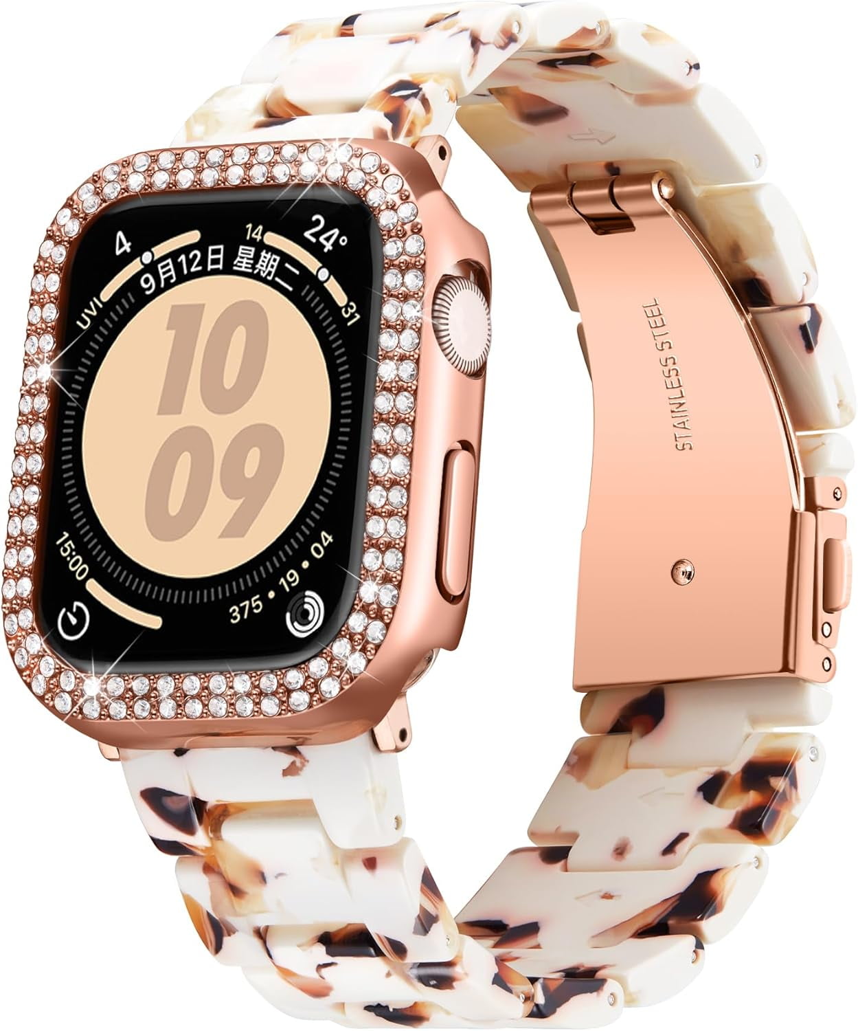 XIHAMA Resin Watch Bands for Apple Watch Band 40mm 41mm 44mm 45mm iWatch Watch Strap with Glitter Bling Protective Case Cover Wristband for Apple Watch Series 8 7 SE SE2 6 5 4