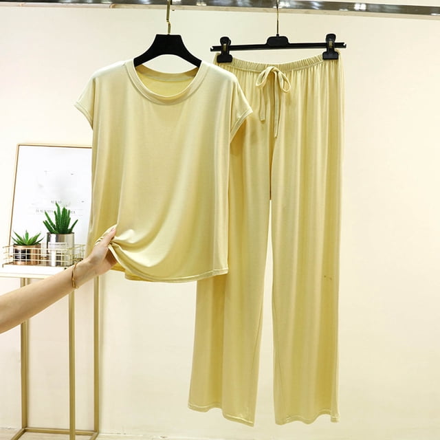 Fewfanhot Pyjama pour Femmes Ensemble Été Ample Col Rond T-shirt à Manches Courtes Pantalon à Jambe Grand Tenue d'Intérieur Ensemble Deux Pièces