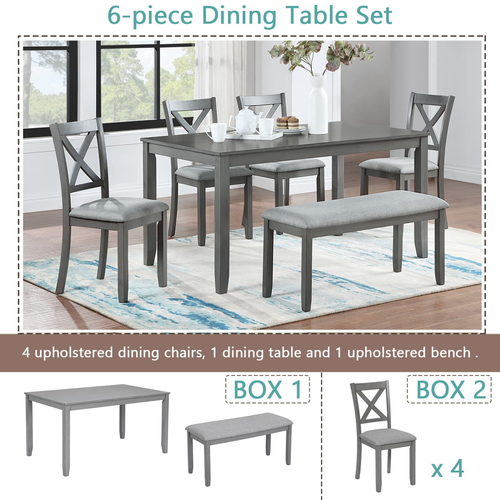 MAYEERTY 6-Piece Kitchen Dining Set Gray Rectangular Wooden Table 4 Upholstered Chairs Bench for 6 People