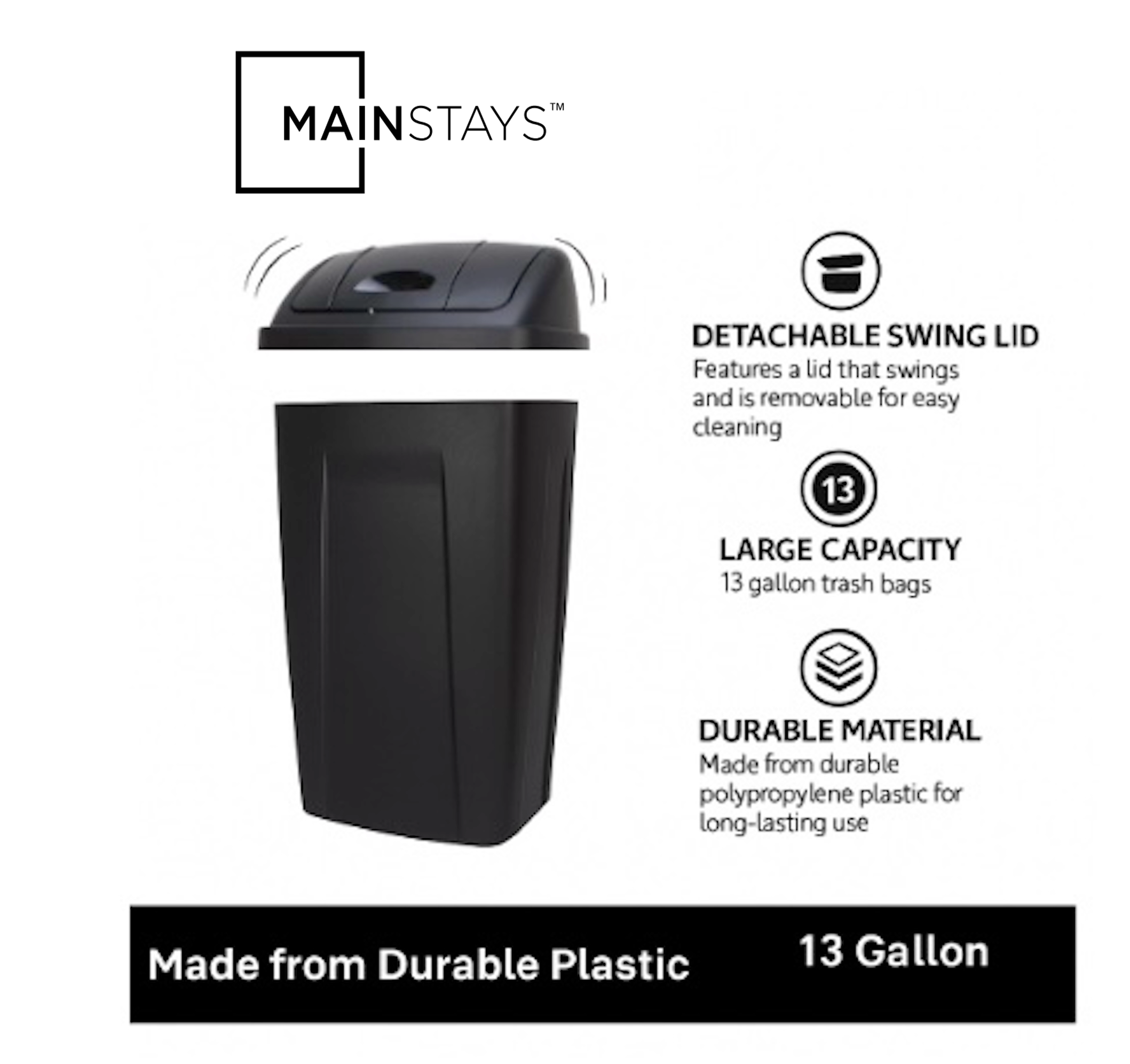 Mainstays 13 Gallon Kitchen Trash Can With Swing Lid photo 2