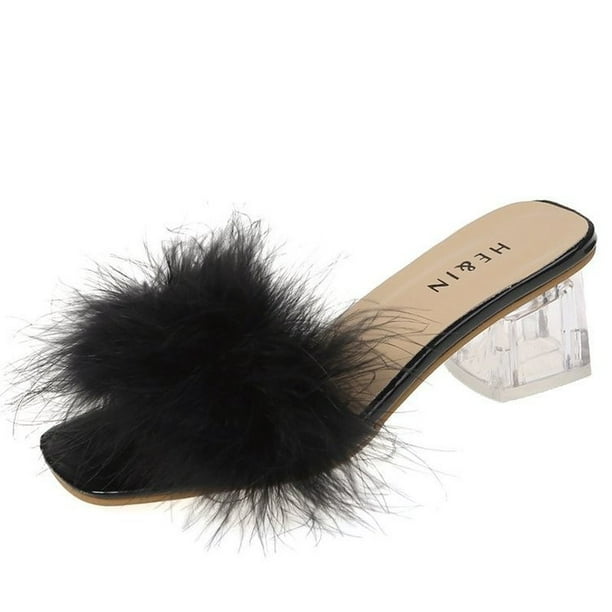Black feather slippers deals