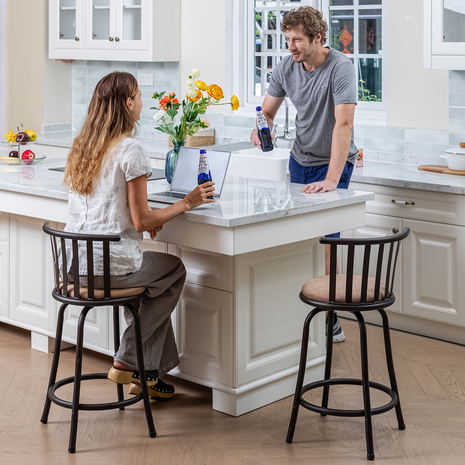 Homy Casa Swivel Bar Stools Set of 2, 24/29 in Counter Height for Kitchen Island, Brown