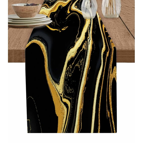 Black Gold Marble Table Runner 70 Inch Long Dresser Scarves Cotton Linen Tablerunners Modern Geometric Textured Dining Kitchen Burlap Table Setting Decor for Wedding Party Holiday Home, 13"x70"