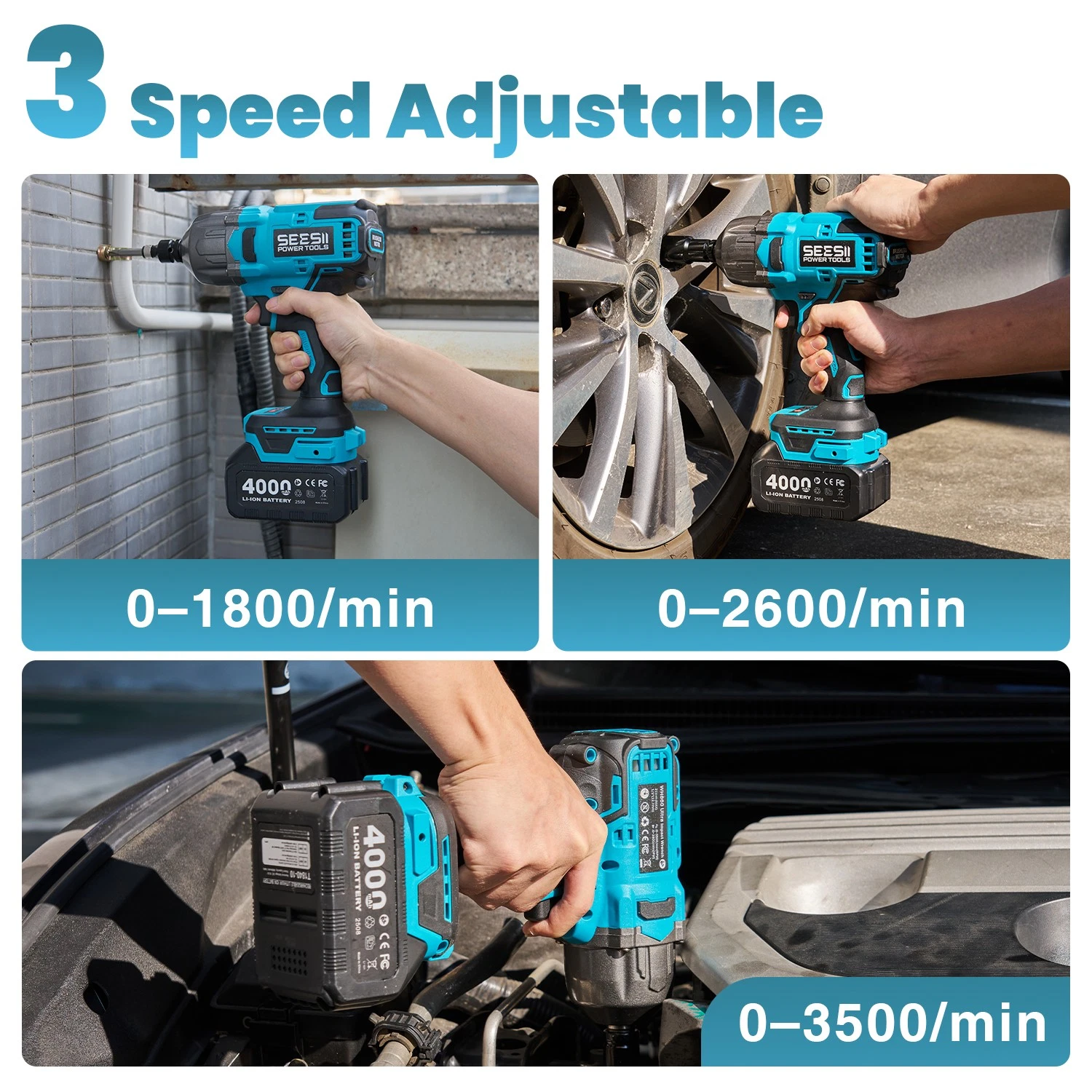 Seesii Cordless Impact Wrench 1/2" 1032Ft-lbs (1400N.m) Electric Impact Gun Brushless Driver 2x4000mah Battery & Charger