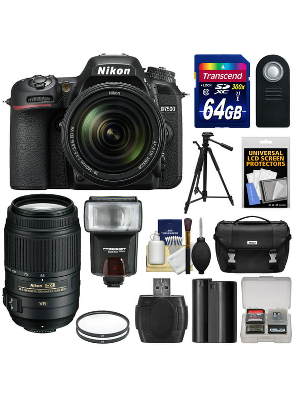 Nikon D7500 Wi-Fi 4K Digital SLR Camera with 18-140mm & 55-300mm VR DX Lens + 64GB Card + Battery + Case + Tripod + Flash + Filters + Kit